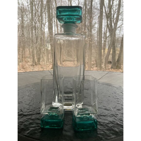 Rare MCM Luigi Bormioli Light & Music Set Turquoise Decanter and 2 Shot Glasses